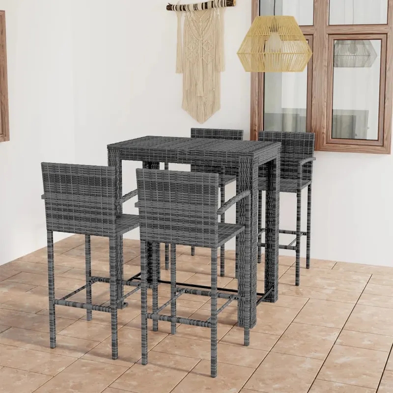 set bar exterior cu cotiera, 5 piese, gri, poliratan
