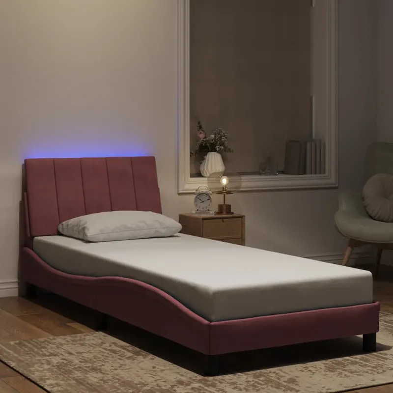 cadru de pat cu lumini led, roz, 90x200 cm, catifea