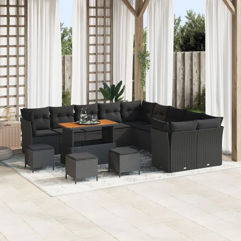 Set canapea de gradina 13 piese cu perne din ratan negru acacia, set dining de gradina 3 piese cu perne din ratan negru acacia