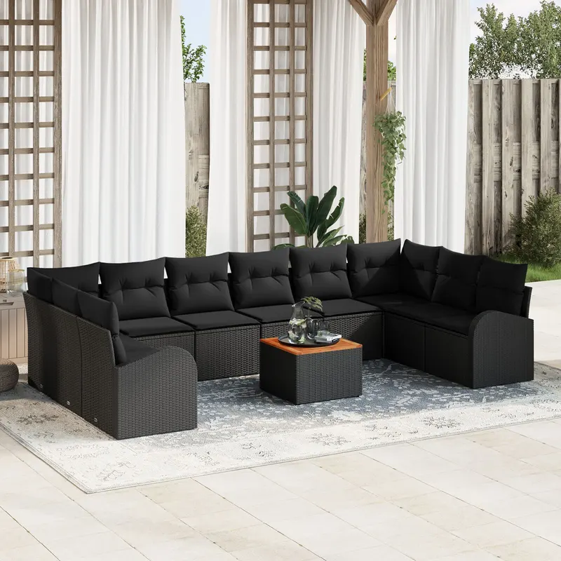 set canapele gradina 11 piese cu perne negru poliratan acacia