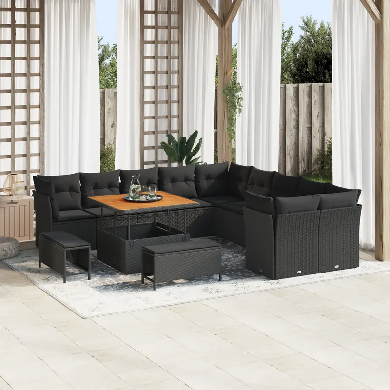 Set de canapele pentru gradina cu perne negre din poliratan acacia, set de dining pentru gradina cu 3 piese cu perne negre din poliratan acacia