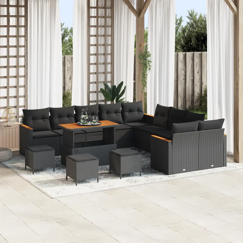 Set de canapea pentru gradina cu perne, negru, ratan sintetic, acacia, set de dining pentru gradina , 4 piese, cu perne, negru, ratan sintetic, acacia