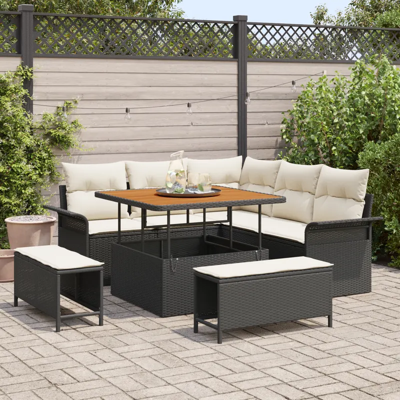 set de canapea pentru gradina cu 8 piese cu perne negru poliratan acacia