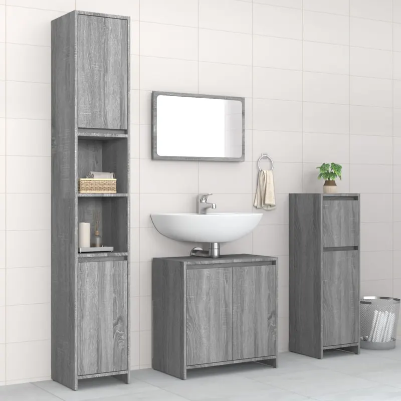 set mobilier de baie, 4 piese, gri sonoma, lemn prelucrat