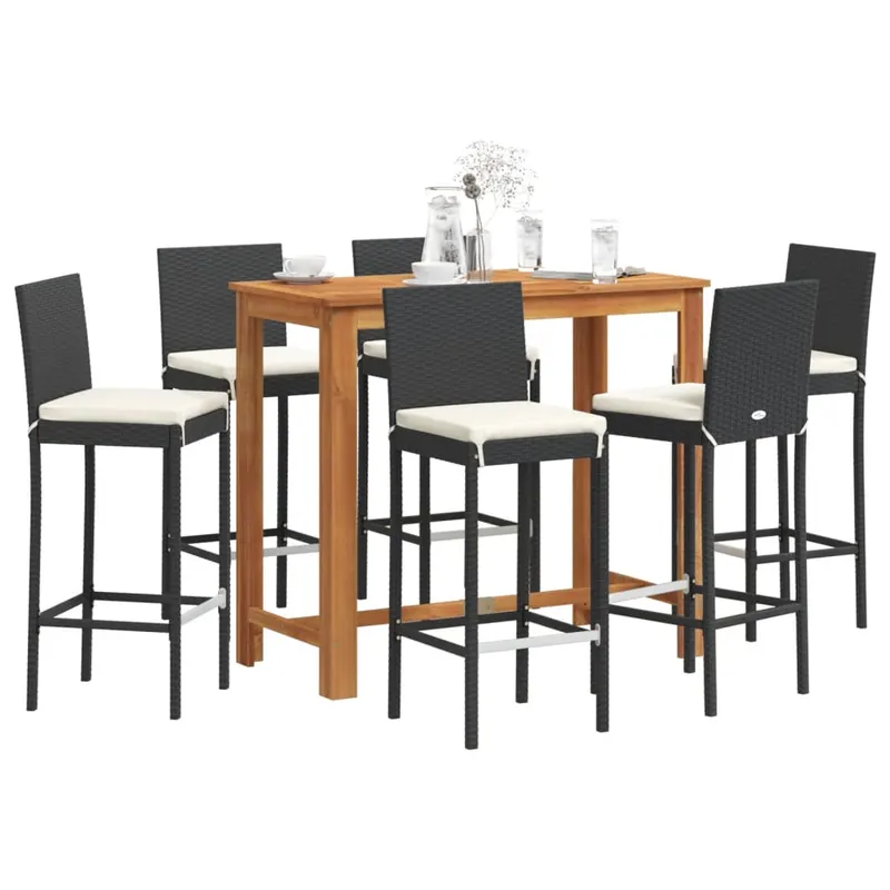 set bar de gradina 7 piese negru lemn masiv acacia si poliratan