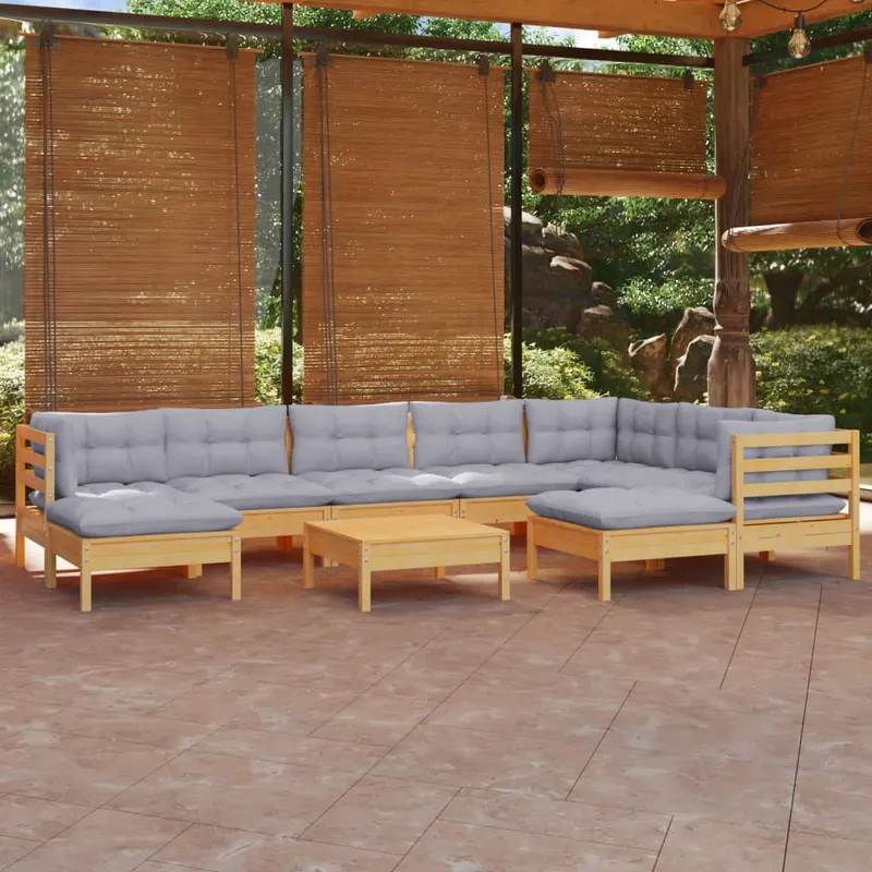 set mobilier gradina cu perne, 10 piese, gri, lemn masiv pin