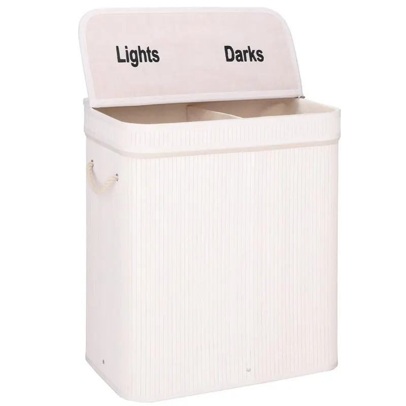 Cos de rufe din bambus cu capac, 2 compartimente, sac detasabil, volum 100L, 54x35x60cm, alb