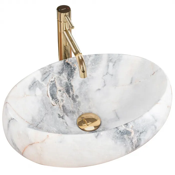 Lavoar pe blat oval REA Linda , ceramica efect piatra, 48.5x34 cm