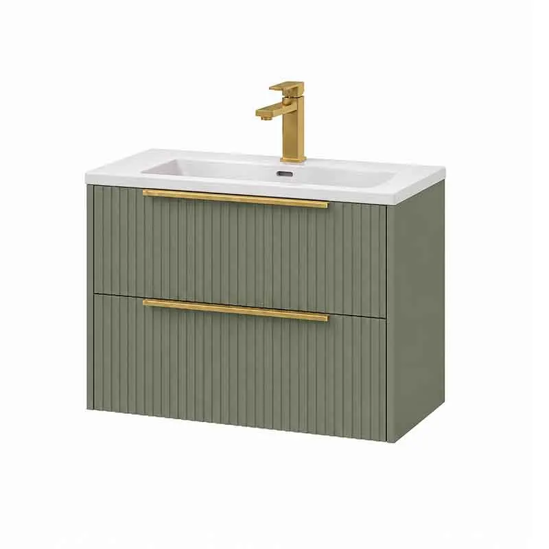 Mobilier lavoar Fluminia Istria 80, 2 sertare, front riflat, maner auriu, salvia