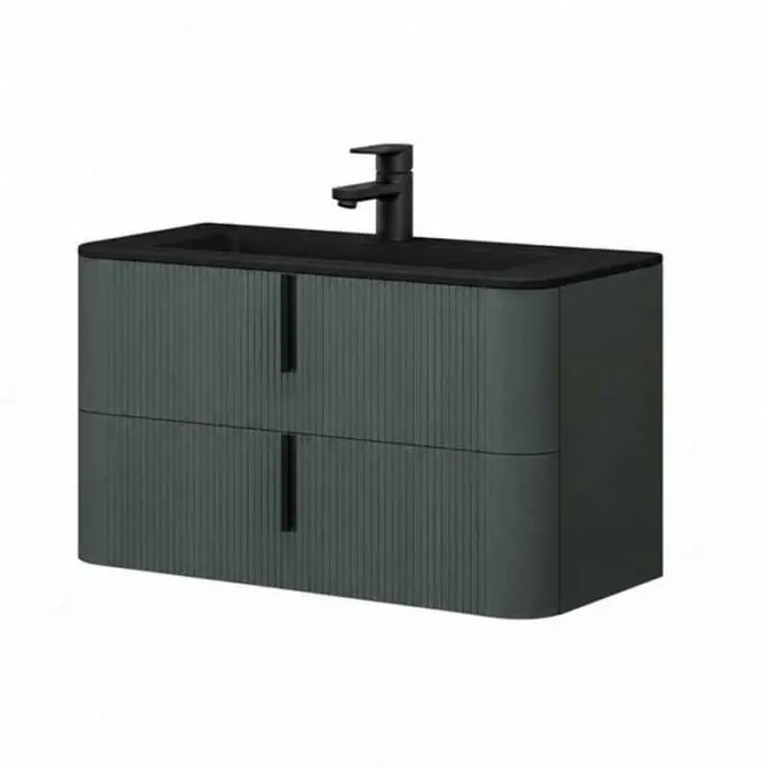 Mobilier suspendat pentru lavoar 100 46 cm, cu front riflat verde Italia cu manere negre, Fluminia Pisa